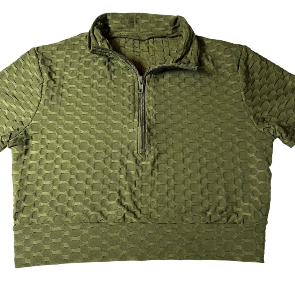 Olive Green Textured Crop Top‎ Half Zip Short Sleeve Size M